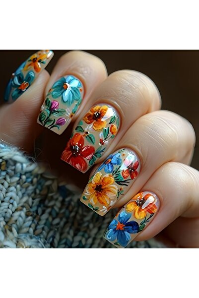 Choice 1796 24 قطعة/مجموعة أظافر صناعية قصيرة متوسطة الطول بنقشة زهور الربيع ...