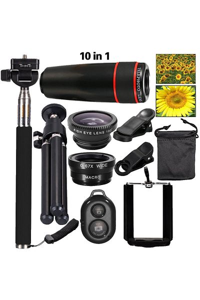ENAR 10 in 1 8X telephoto lens kit, black macro telephoto lens, selfie stick