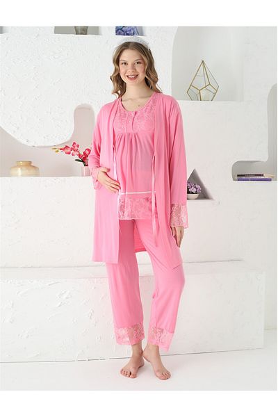 JENİKA Maternity Pajama Set with Lace Detail and Openable Collar with Buttons, 3 Pieces