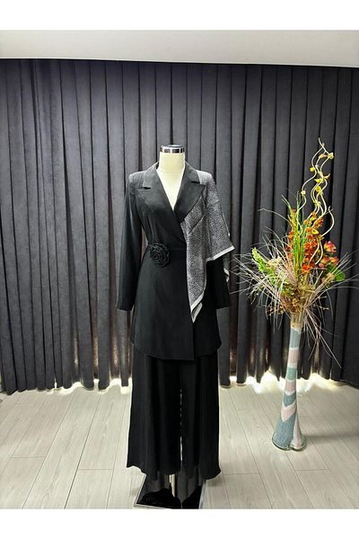 Zühre Lacing Detailed Double Breasted Collar Black Trousers Suit 1562