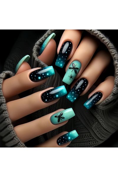 choice2 1774 24pcs/set medium long fake nails fashion butterfly feather forest sea wave design gradient blue