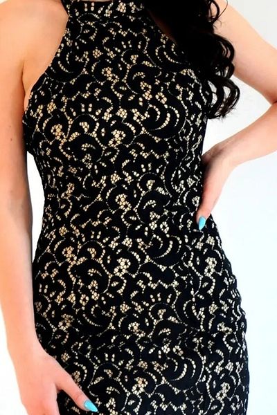 bayansepeti Black Lined Lace Fabric Halter Neck Mini Dress 2108