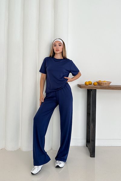 MİROR Women's Navy Blue Modal Fabric Short Sleeve Tracksuit Set