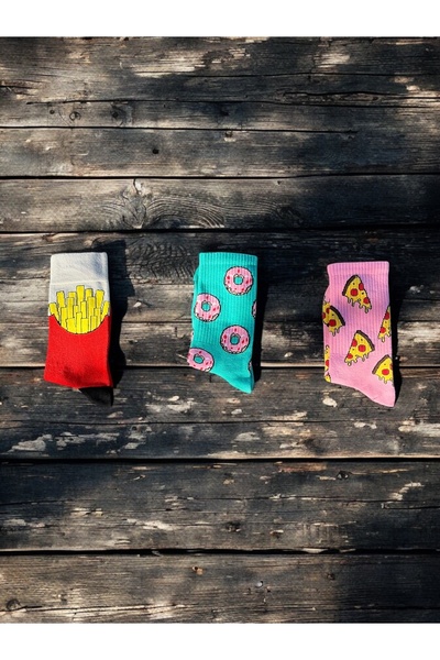 MODA 5'li Kutulu Fast Food Sosis Patates Pizza Desenli Renkli Eğlenceli Soket Çorap Set