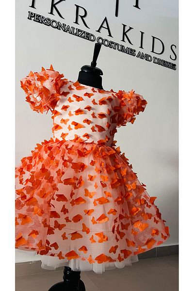 İkrabutikbursa Orange Butterfly Girl's Dress - Puffy, Lined, Short Sleeves, Custom-Made