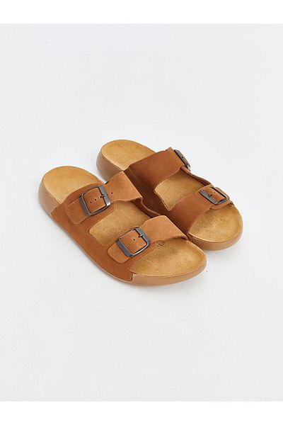 LC Waikiki Brown Buckle Detailed Double Striped Women's Slippers
