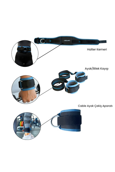 Rebuwo 3'lü Fitness Seti | Halter Kemeri(120 cm) + Ayak/Bilek Kayışı + Cable Ayak Çekiş Aparatı