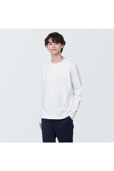 Muji تي شيرت جيرسي مغسول برقبة دائرية وأكمام طويلة