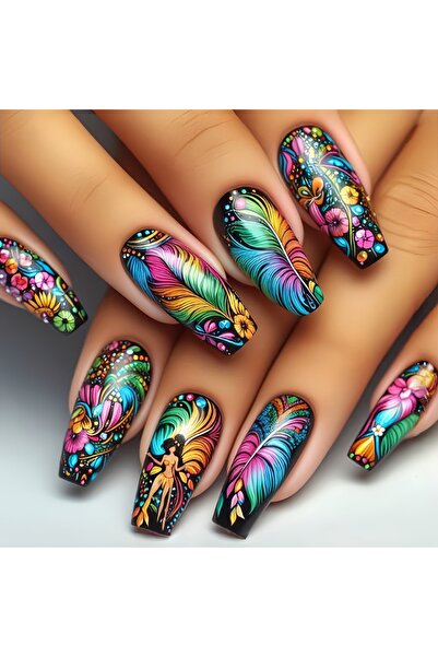 Choice 1778 24 قطعة/مجموعة أظافر صناعية متوسطة الطول بتصميم فراشة وريش وغابة ...