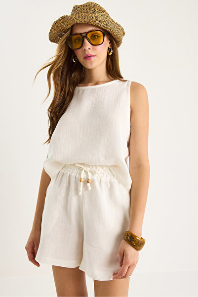 Bianco Lucci Women's Thick Strap Blouse Elastic Waist Pocket Shorts Muslin Set 3310 60283414