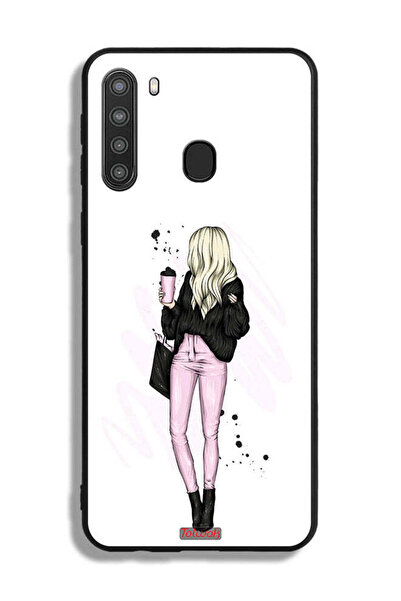 Tolwak Samsung Galaxy A21 Protective Case Cover Girl Holding Coffee Cup Art