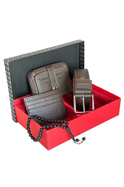 Tisaati Premium Series Special Boxed Luxury Leather Horizontal Zippered Sports Wallet Belt Card Holder and Prayer Beads Men's Set