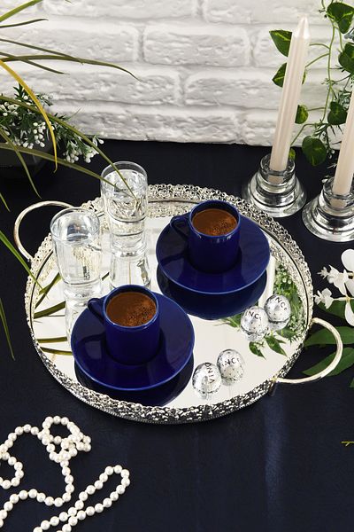 HELVACIOĞLU AKSESUAR Coffee, Tea, Chocolate Presentation Tray with Mirror and Handle 25 cm