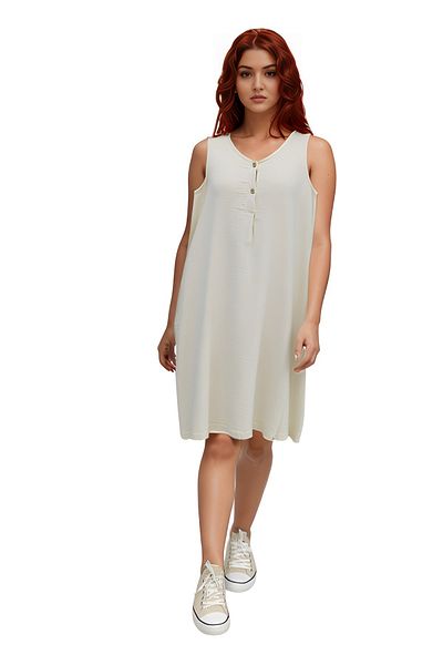 Modasultan Standard Size Double Pocket Sleeveless Button Front Midi by Muslin Linen Dress