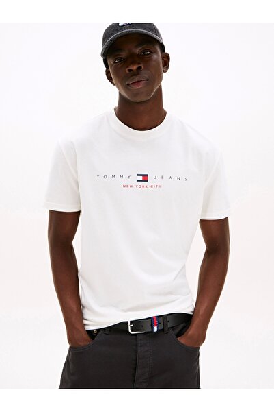 Tommy Hilfiger TJM REG FLAG LINEAR SS TEE EXT Erkek Beyaz T-shirt DM0DM21911YBL