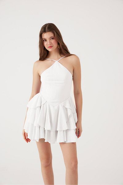 HOLLY LOLLY Ruffle Halter Neck Mini Keira Dress White