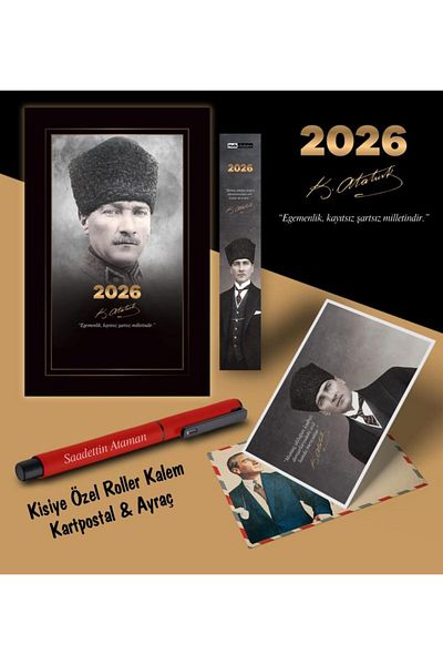 Mor kelebek Химикалка за отметки и картички с дневния ред на командира Ататюрк за 2026 г. - червена