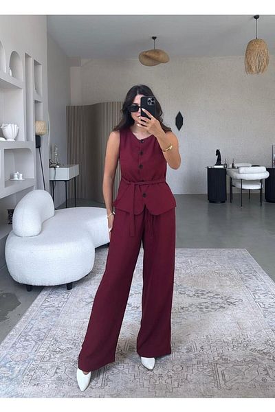 mor butik Purple boutique women's burgundy button detail sleeveless suit olive01001