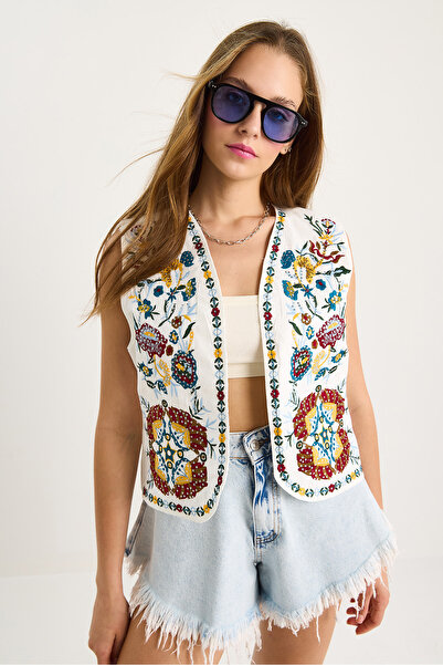 Bianco Lucci Women's Embroidery and Sequin Embroidered Lined Linen Vest 60283457