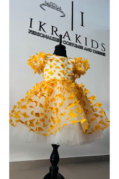 İkrabutikbursa Yellow Butterfly Girl's Dress - Puffy, Lined, Short Sleeve Special Design