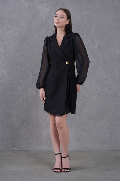 vuvutasarım Pleated Detailed Double Breasted Jacket Collar Sleeves Tulle Black Office Dress 24K2169