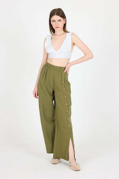 Rays Khaki 100% Cotton Muslin Side Buttoned Slit Wide Leg Trousers 4704A