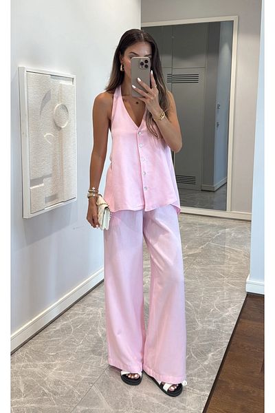 My Blog Pink Back Rope Tie Detailed Blouse Trousers Set - 30379