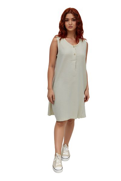 Modasultan Standard Size Double Pocket Sleeveless Button Front Midi by Muslin Linen Dress