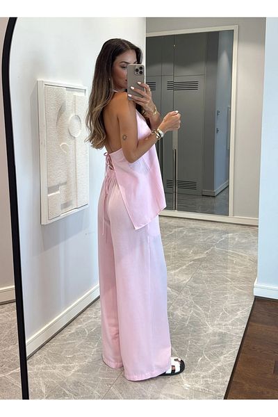 My Blog Pink Back Rope Tie Detailed Blouse Trousers Set - 30379
