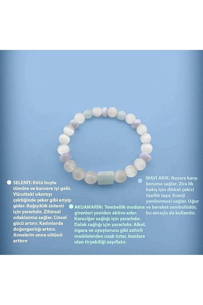 OSMANLI DOĞAL TAŞ Certified Special Design Bracelet-Selenite-Aquamarine-Blue Agate M194