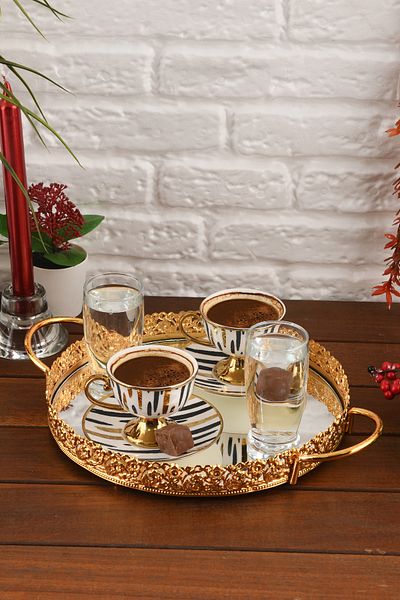 HELVACIOĞLU AKSESUAR Coffee, Tea, Chocolate Presentation Tray with Mirror and Handle 25 cm