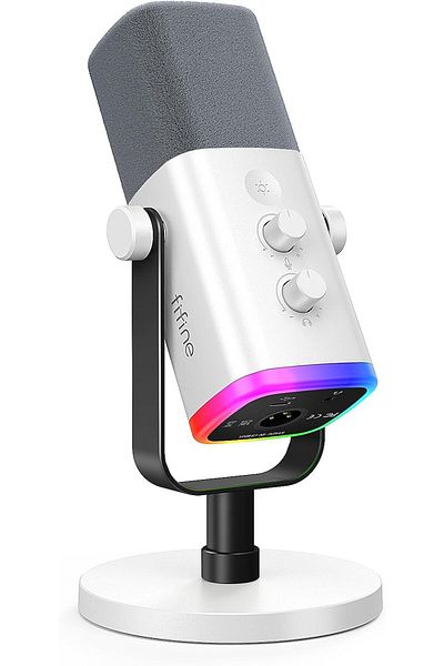 Fifine ميكروفون ألعاب XLR/USB لبث البودكاست، ميكروفون RGB للكمبيوتر الشخصي، مع مقبض كسب، كتم الصوت