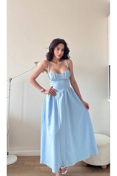 LOCH BUTİK Rochie maxi Gloplu cu bretele albastre de damă
