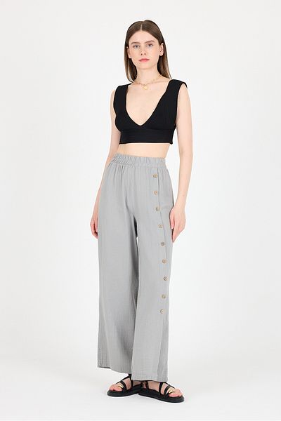 Rays Gray 100% Cotton Muslin Side Button Slit Wide Leg Trousers 4704A