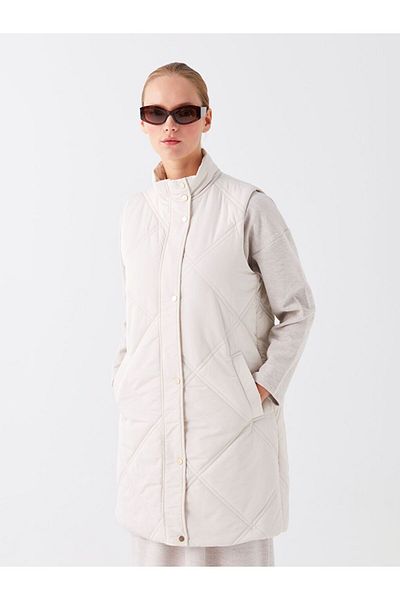 LC Waikiki Beige Stand Collar Quilted Patterned Women's Puffer Vest