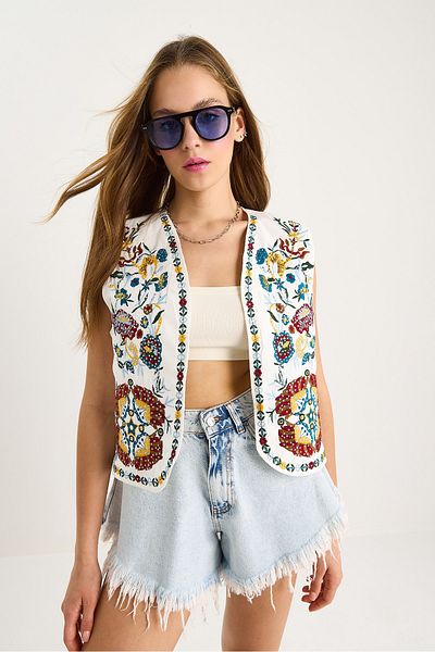 Bianco Lucci Women's Embroidery and Sequin Embroidered Lined Linen Vest 60283457