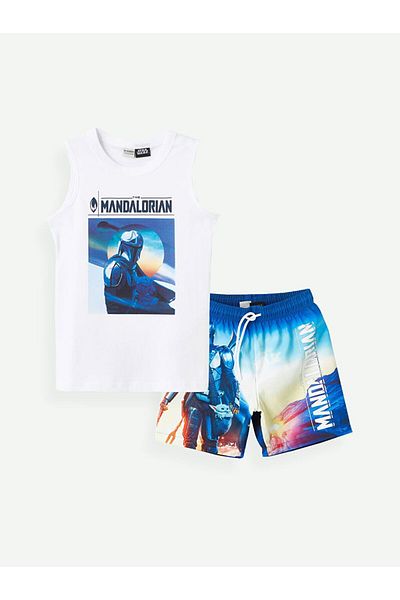 LC Waikiki Blue Crew Neck Mandalorian Printed Boys' Tank Top and Swim Shorts