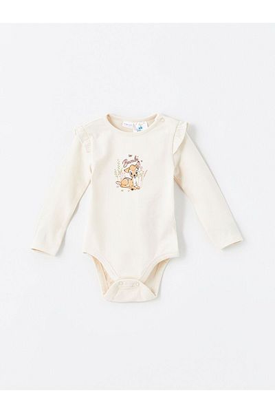 LC Waikiki Beige Bambi Printed Baby Girl Snapback Bodysuit and Pants 2-Piece