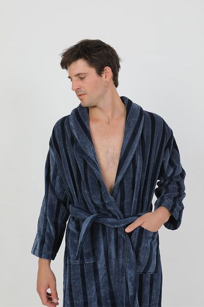Homelover 100% Cotton Special Design Extra Soft Dark Blue Striped Navy Blue Shawl Men's Bathrobe