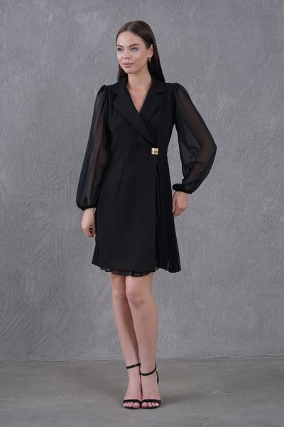 Secret Passion Lingerie New Season Pleated Double Breasted Jacket Collar Sleeves Tulle Wrap Cut Black Women's Dress 24K2169