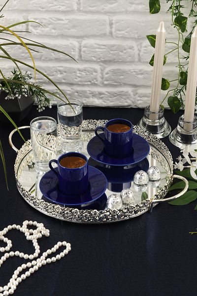 HELVACIOĞLU AKSESUAR Coffee, Tea, Chocolate Presentation Tray with Mirror and Handle 25 cm
