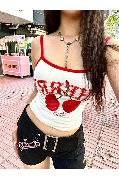 Wisevelya White Cherry Bomb Y2K Red Strap Crop
