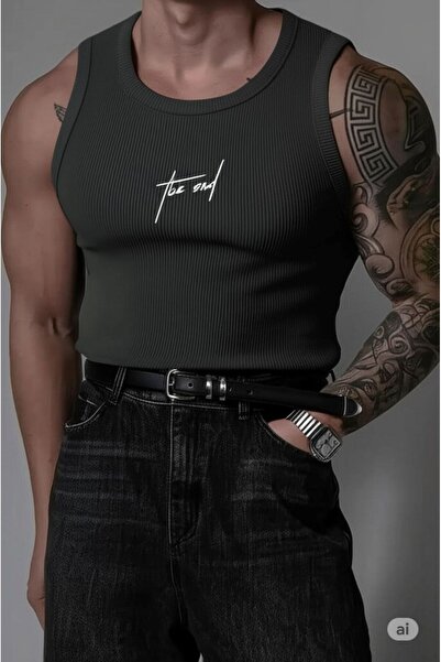 NO 601 Мъжка антрацитна тениска Slimfit Premuim с релефен принт и ребра