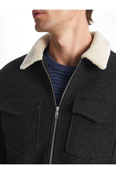 LC Waikiki Antrasit Standart Kalıp Gömlek Yaka Erkek Kaşe Mont