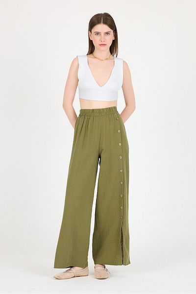 Rays Khaki 100% Cotton Muslin Side Buttoned Slit Wide Leg Trousers 4704A