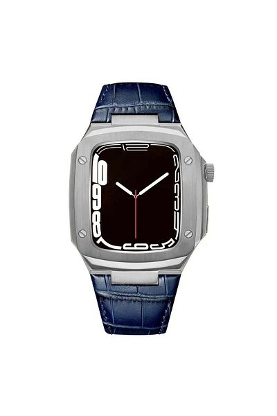 O Ozone Stainless Steel Case with Genuine Leather Watch Band for Apple Watch 44mm 45mm -Blue