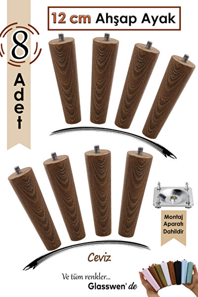 GLASWEN 8 Adet Ahşap Ayak 12 Cm Ceviz M8 Civatalı Bağlantı Aparatlı Dolap Mob...