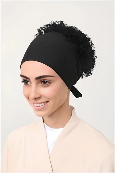 BECCASTYLE Frilly Non-Slip Bonnet, Silicone Frilly Non-Slip Bonnet, Combed Cotton Bonnet, Seamless Bonnet, Black Bonnet