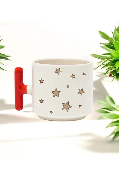 BB TRADE Red T-Handled Ceramic Printed Mug with Brown Stars Design 250 ml