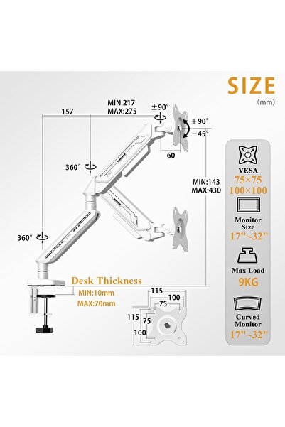 Generic ذراع شاشة واحدة من ETHU، حامل زنبركي غازي كامل الحركة للشاشات من 13 إلى 32 بوصة حتى وزن 9 كجم، أبيض
